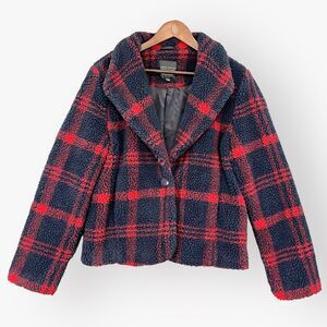 Sanctuary Teddy Jacket Women‎ L Blue Red Plaid 1-Button Closure Long Sleeve W52